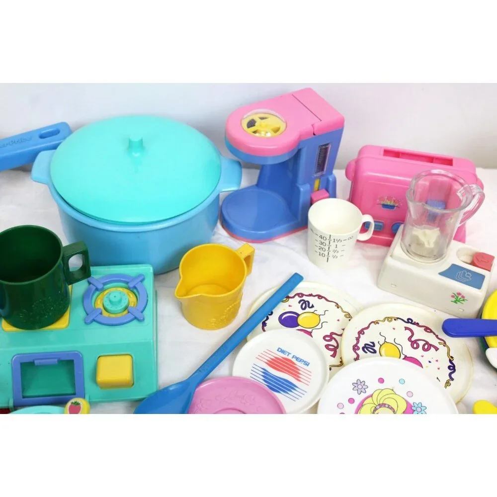Vtg 1990s Play Dishes Fun with Food Pots Forks Blender Pans Measuring Cups Bowls